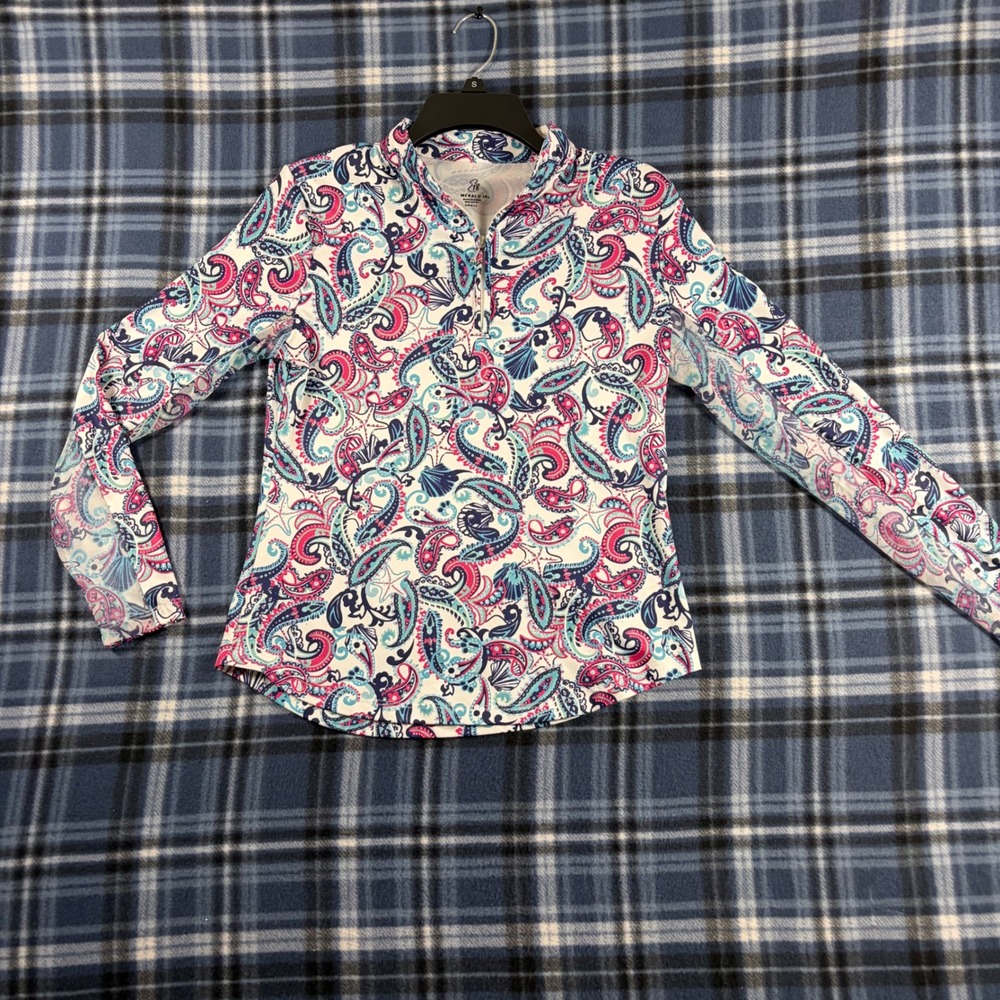 Emerald 18 Womens Paisley Starfish Quarter Zip Sun Shirt Long Sleeve Small Blue